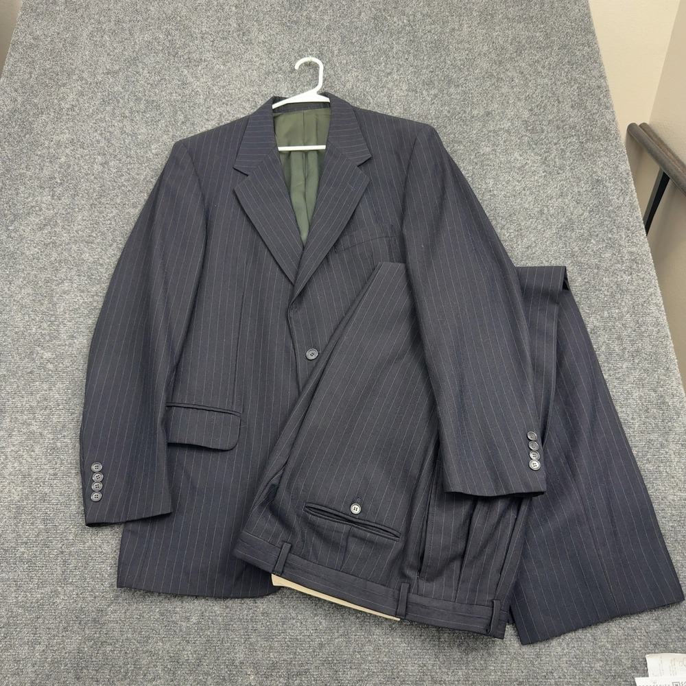 Vintage Savile Row Suit Mens 42L Navy Pinstripe Wool Single Vent Classic Formal